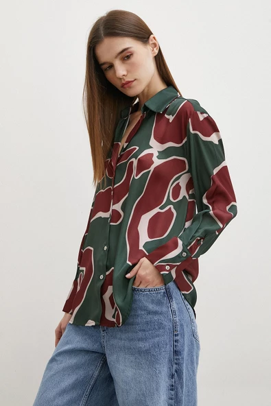 Baskılı Saten Gömlek Mor - Resim 6