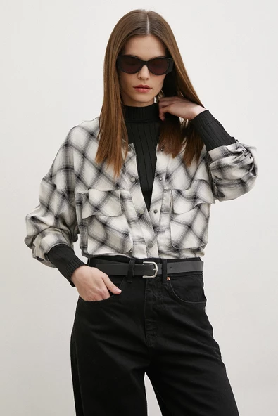 Körüklü Cepli Ekose Gömlek Krem ürün görseli