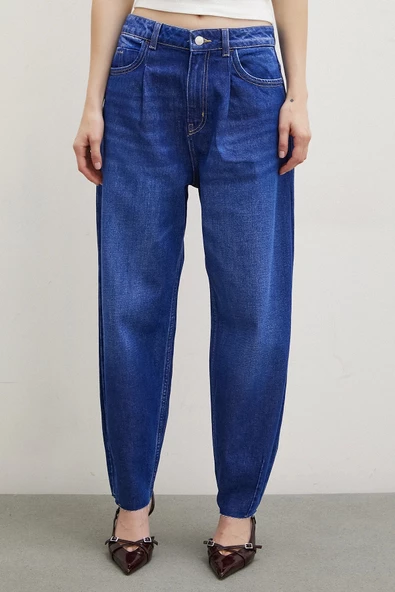 Yüksek Bel Dikişli Kesik Paça Mom Jean Mavi - 4