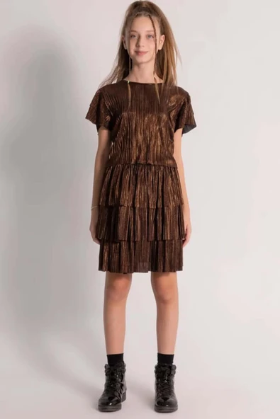 Kız Çocuk Parlak Kumaş Varaklı Bluz Pliseli Metal Rengi Etekli Takım - Resim 4