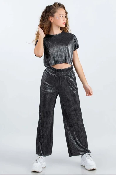 Kız Çocuk Parlak Kumaş Varaklı Bluz Pliseli Bol Kesim Pantolon Antrasit Alt Üst Takım - Resim 5