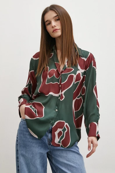 Baskılı Saten Gömlek Mor ürün görseli 1