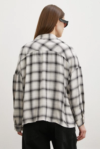 Körüklü Cepli Ekose Gömlek Krem - Resim 3