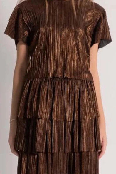 Kız Çocuk Parlak Kumaş Varaklı Bluz Pliseli Metal Rengi Etekli Takım - Resim 7