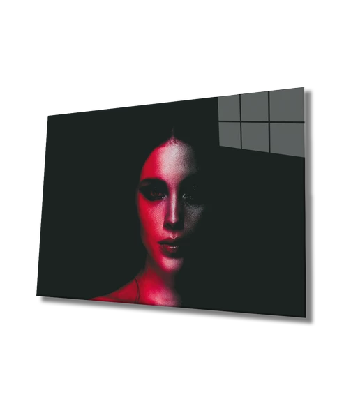 Kırmızı Siyah Kadın Yüzü Dekoratif ve Modern Cam Tablo ürün görseli