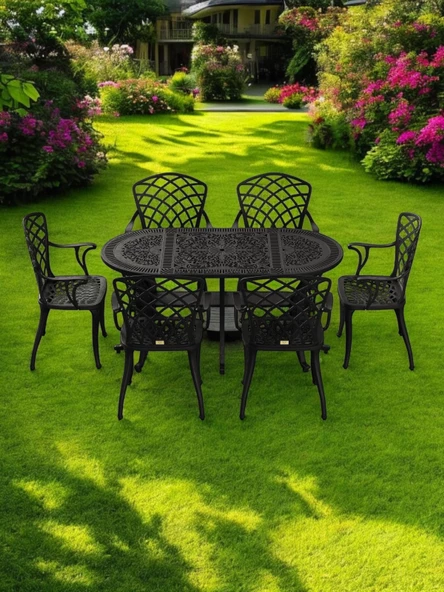 Ferforje görünümlü Plastik Oval Hitit Masa Sandalye Takımı 1 Masa 6 Sandalye Balkon, Bahçe Mobilyası - 7