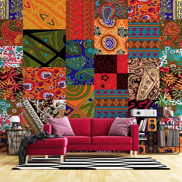Rengarenk Motif Çizim Desenli Duvar Kağıdı - 1