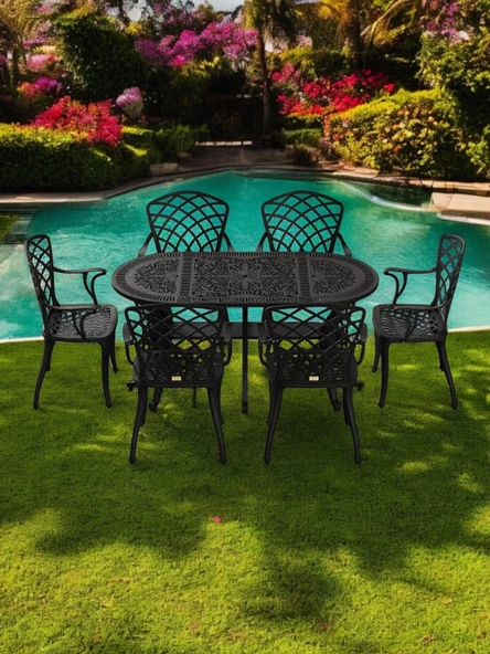 Ferforje görünümlü Plastik Oval Hitit Masa Sandalye Takımı 1 Masa 6 Sandalye Balkon, Bahçe Mobilyası - 9