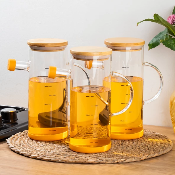 Porsima 401275 3'lü Alisa Bambu Kapaklı Borosilikat Ölçekli Cam Yağlık Silikon Tabanlı Yağdanlık 800 ML - 2