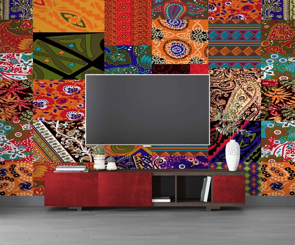 Rengarenk Motif Çizim Desenli Duvar Kağıdı - 3