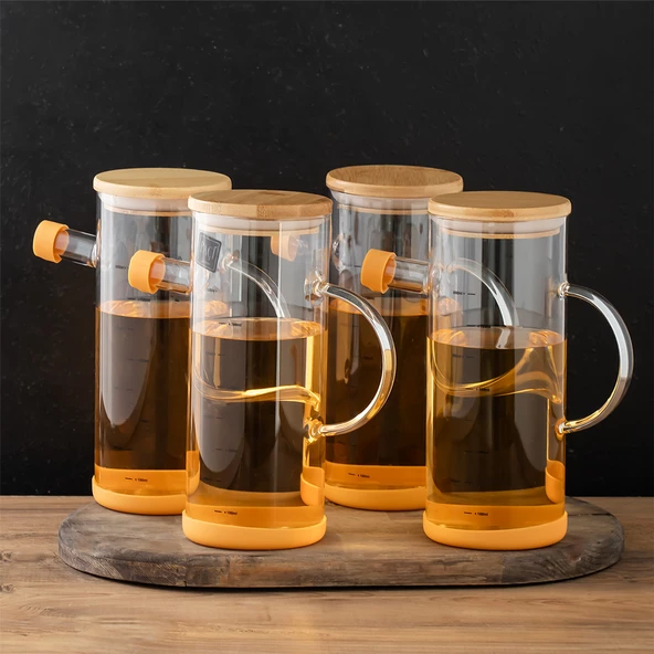 Porsima 401275 4'lü Alisa Bambu Kapaklı Borosilikat Ölçekli Cam Yağlık Silikon Tabanlı Yağdanlık 800 Ml - 4