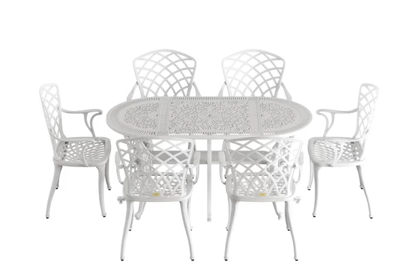 Ferforje görünümlü Plastik Oval Hitit Masa Sandalye Takımı 1 Masa 6 Sandalye Balkon, Bahçe Mobilyası - 4