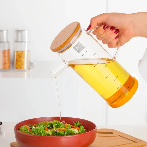 Porsima 401275 3'lü Alisa Bambu Kapaklı Borosilikat Ölçekli Cam Yağlık Silikon Tabanlı Yağdanlık 800 ML - 3