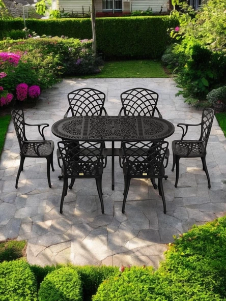 Ferforje görünümlü Plastik Oval Hitit Masa Sandalye Takımı 1 Masa 6 Sandalye Balkon, Bahçe Mobilyası - 8