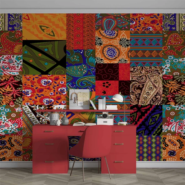 Rengarenk Motif Çizim Desenli Duvar Kağıdı - 4