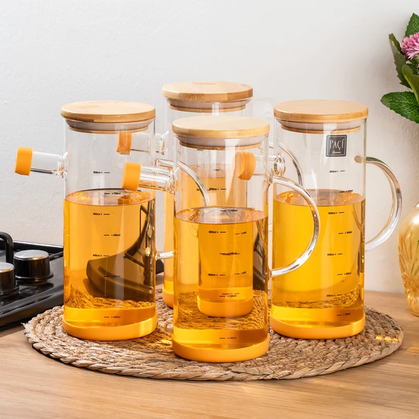 Porsima 401275 4'lü Alisa Bambu Kapaklı Borosilikat Ölçekli Cam Yağlık Silikon Tabanlı Yağdanlık 800 Ml - 2