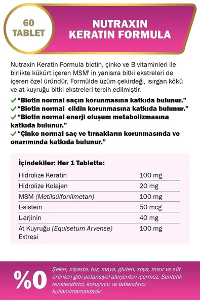Nutraxin Keratin Formula 60 Tablet - Resim 2