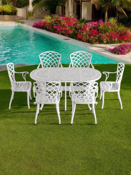 Ferforje görünümlü Plastik Oval Hitit Masa Sandalye Takımı 1 Masa 6 Sandalye Balkon, Bahçe Mobilyası - 2