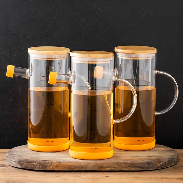 Porsima 401275 3'lü Alisa Bambu Kapaklı Borosilikat Ölçekli Cam Yağlık Silikon Tabanlı Yağdanlık 800 ML - 4