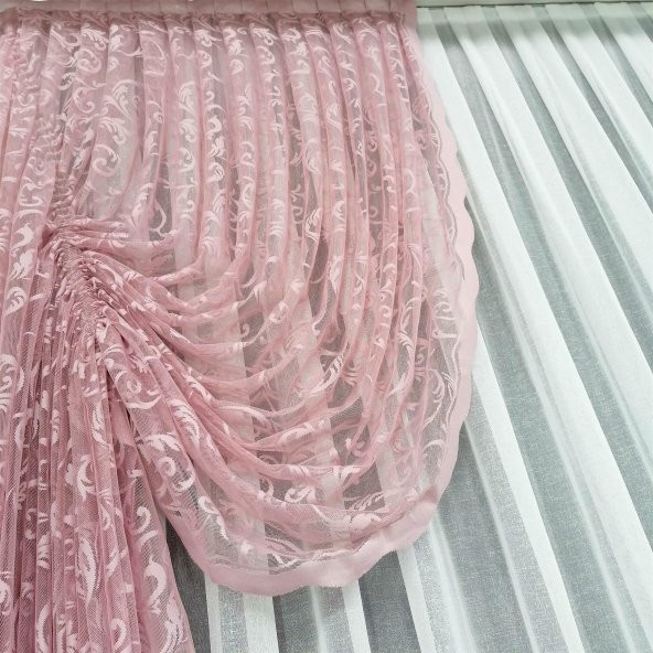 Pembe Renk Büzgü Tül Fon Perde - 2 Adet (Takım) - 4
