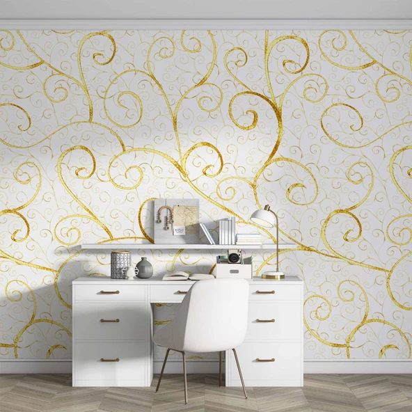 3 Boyutlu Beyaz Altın Motif Desenli Duvar Kağıdı - 4