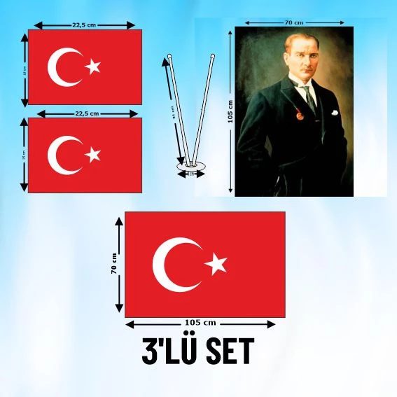 3'LÜ SET_2Lİ BAYRAK+ BAYRAK+ ATATÜRK POSTERİ