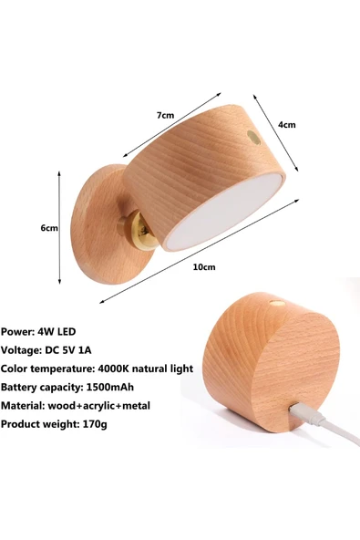 Şarjlı Mıknatıslı Duvar Aplik – 360° Dönebilen LED Ahşap Lamba, Taşınabilir ve Portatif Işık - 2