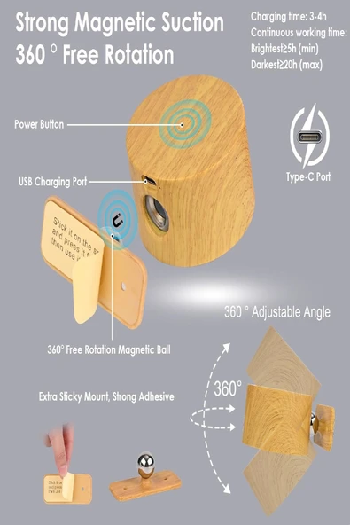 Şarjlı Mıknatıslı Duvar Aplik – 360° Dönebilen LED Ahşap Lamba, Taşınabilir ve Portatif Işık - 5