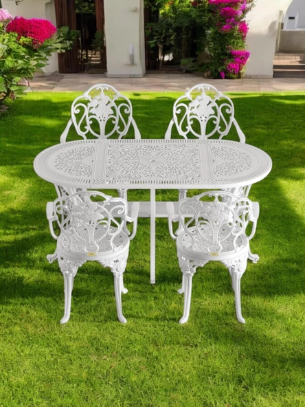 Ferforje görünümlü Plastik Oval Isparta Masa Sandalye Takımı 1 Masa 4 Sandalye Balkon, Bahçe Mobilyası - 2