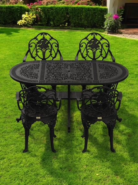 Ferforje görünümlü Plastik Oval Isparta Masa Sandalye Takımı 1 Masa 4 Sandalye Balkon, Bahçe Mobilyası - 7