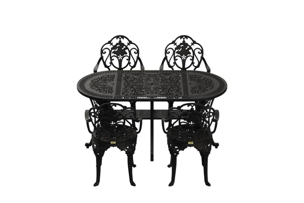 Ferforje görünümlü Plastik Oval Isparta Masa Sandalye Takımı 1 Masa 4 Sandalye Balkon, Bahçe Mobilyası - 10