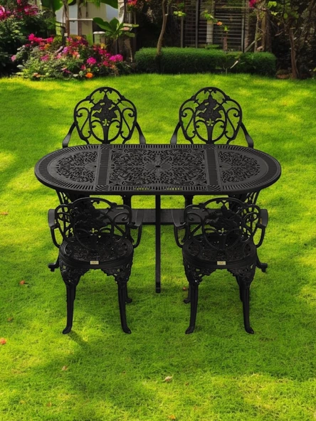 Ferforje görünümlü Plastik Oval Isparta Masa Sandalye Takımı 1 Masa 4 Sandalye Balkon, Bahçe Mobilyası - 9