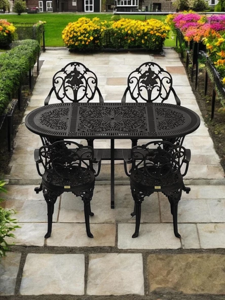 Ferforje görünümlü Plastik Oval Isparta Masa Sandalye Takımı 1 Masa 4 Sandalye Balkon, Bahçe Mobilyası - 8