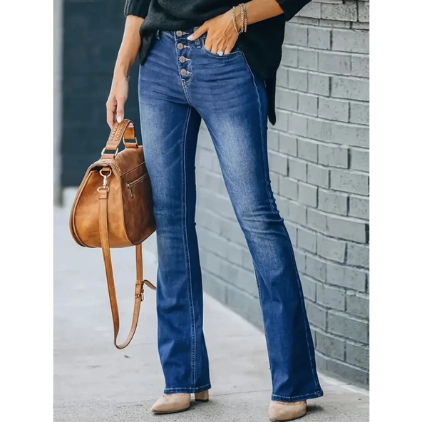 Lucky Life Kadın Yüksek Bel önden Düğmeli Cep Detay Ispanyol Paça Denim Pantolon - 5