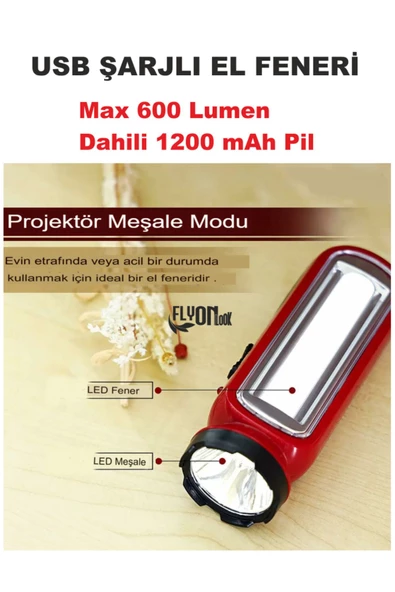 USB ŞARJLI EL FENERİ HEM ORTAM AYDINLATMALI YAN LED TÜPLÜ LAMBA HEMDE FENER ÖZELLİKLİ FONKSİYONLU - 2