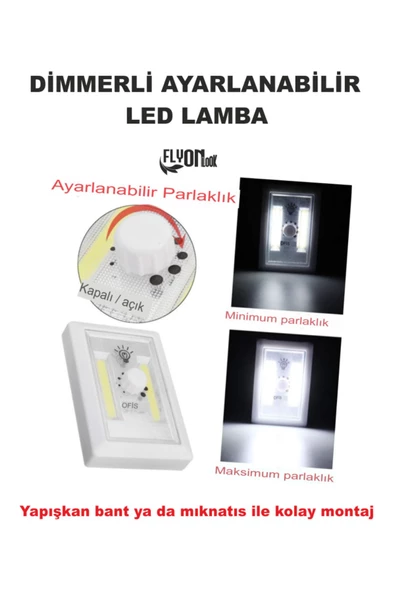 Dimmerli  Led Lamba Cob Ledli Yapişkan Veya Miknatisli Dolap Içi Mutfak Tezgah Ev Bahçe Fener