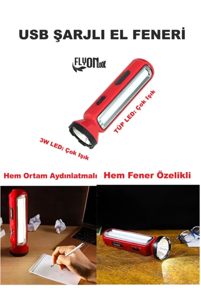 USB ŞARJLI EL FENERİ HEM ORTAM AYDINLATMALI YAN LED TÜPLÜ LAMBA HEMDE FENER ÖZELLİKLİ FONKSİYONLU