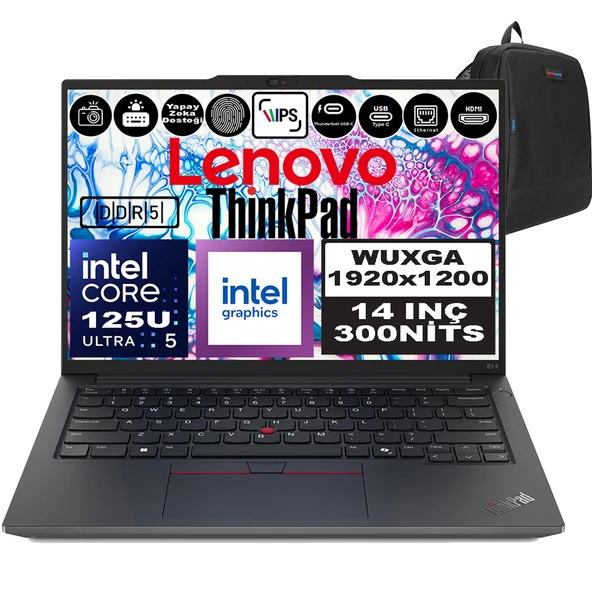 Lenovo Thinkpad E14 Gen6 Intel Core Ultra 5 125U 40GB 2tb SSD Intel® Aı Boost 14" Wuxga IPS Freedos Taşınabilir Bilgisayar 21M7002PTXF15 + Zetta Çanta