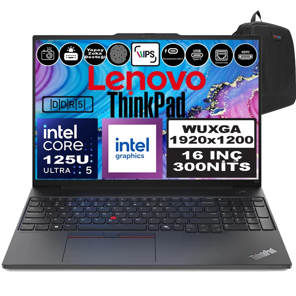 Lenovo Thinkpad E16 Gen2 Intel Core Ultra 5 125U Ddr5 64GB 2tb SSD Intel® Aı Boost 16" Wuxga IPS Windows 11 Pro Taşınabilir Bilgisayar 21MA003MTXP23 + Zetta Çanta