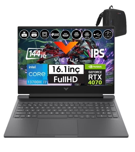 Hp Victus Gaming Laptop 16-R0071NT Intel I7 13700H 32GB Ddr5 512GB SSD 8GB/RTX4070 Freedos 16.1" 144 Hz Fhd IPS Taşınabilir Bilgisayar 88V898EA05+WEBLEGELSINÇANTA