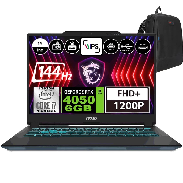 Msı Cyborg 14 Intel Core I7 13620H 64GB 512GB SSD RTX4050-6GB Windows 11 Pro 14" Fhd+ 144Hz Taşınabilir Bilgisayar A13VE054XTRWP09 + Zetta Çanta