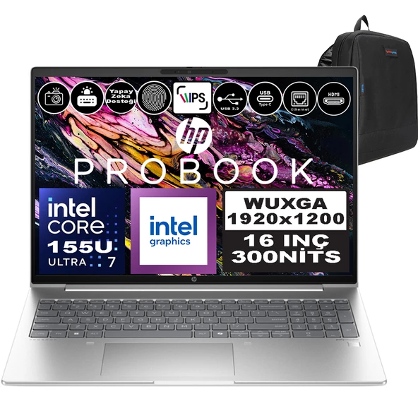 Hp Probook 460 G11 Intel Core Ultra 7 155U Ddr5 96GB 2tb SSD Intel® Aı Boost 16" Wuxga IPS Windows 11 Pro Taşınabilir Bilgisayar A23BCEAP33 + Zetta Çanta