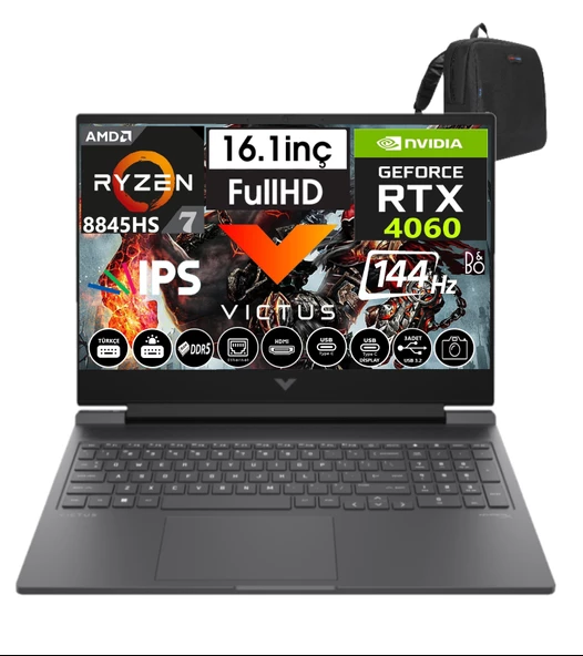Hp Victus W16-S1018NT Amd Ryzen 7-8845HS Aı 32GB Ddr5 2tb SSD 8gb/ RTX4060 WINDOWS11HOME 16.1" 144 Hz Fhd IPS Taşınabilir Bilgisayar VİCTUSA1YU5EA27+WEBLEGELSINÇANTA