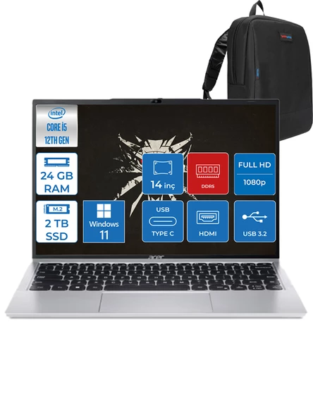 Aspire Lite Intel I5-1235U 24GB Ddr5 2tb SSD UHD Graphics 14'' Fhd W11PRO Gümüş Notebook AL1451MWP07 + Zettaçanta