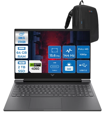 HP Victus Gaming 15 Intel Core I5 12500H 64GB 2tb SSD 8GB/RTX4060/75W Windows 11 Home 15.6" 144Hz IPS 9ms Taşınabilir Bilgisayar HP03C7EAP18 + Zettaçanta