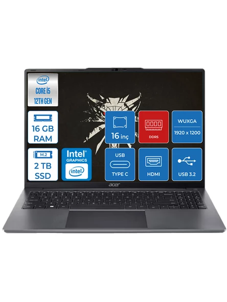 Acer Aspire Lite 16 Intel Core I5-1235U 16GB Ddr5 Ram 2tb SSD 16'' IPS Wuxga Fhd Windows 11 Pro Taşınabilir Bilgisayar AL1651PWP05 + Zettaçanta