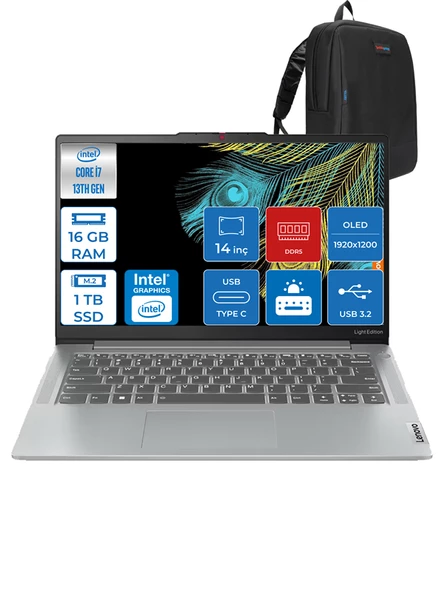 Lenovo Ideapad Slim 5 Intel Core I713620H 16GB Lpddr5 1tb SSD UHD Graphics Freedos 14" OLED Wuxga 400NITS Taşınabilir Bilgisayar ID82XD009FTXF01 + Zettaçanta
