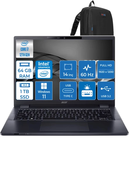 Acer Travelmate P4 Intel Core I7-1260P 64GB 1tb SSD Intel UHD Graphics Fhd 14" Windows 11 Home Taşınabilir Bilgisayar MP414WH08 + Zettaçanta ürün görseli
