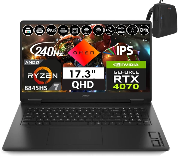 Hp Omen 17-DB0015NT Amd Ryzen 7-8845HS Aı 32GB Ddr5 2tb SSD 8GB/RTX4070 WINDOWS11PRO 17.3" 240Hz 3ms 300NITS Qhd IPS Taşınabilir Bilgisayar OMA44QLEAW47+WEBLEGELSINÇANTA