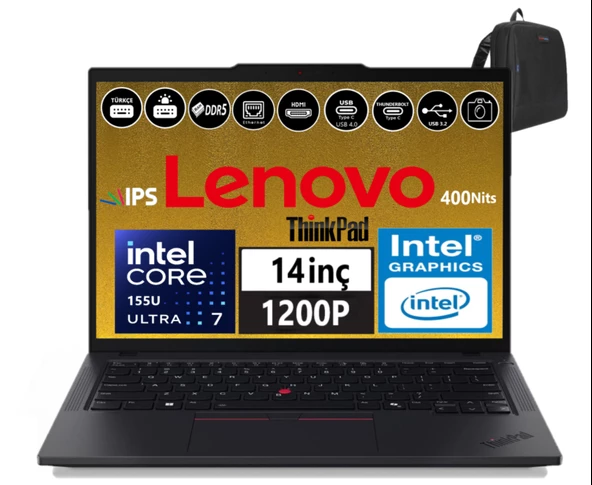 Lenovo Thinkpad T14 Gen5 Ultra 7 155U 48GB Ddr5 512GB SSD 14" Wuxga 400NİTS IPS Freedos Taşınabilir Bilgisayar W21ML008MTX12+ZETTAÇANTA